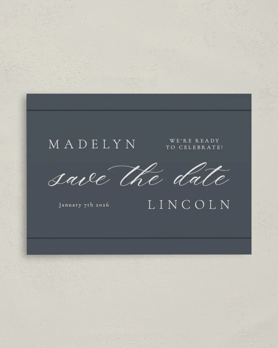 This is a 4" x 5.6" Save the Date Postcard called Subtle Wreath printed in full color on Soft Touch Finish paper