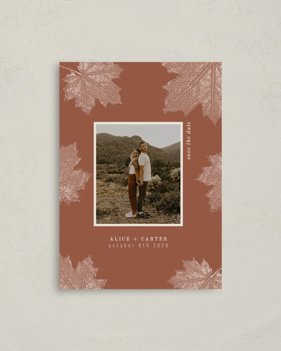 This is a 4" x 5.6" Save the Date Postcard called Turning Leaves printed in full color on Soft Touch Finish paper
