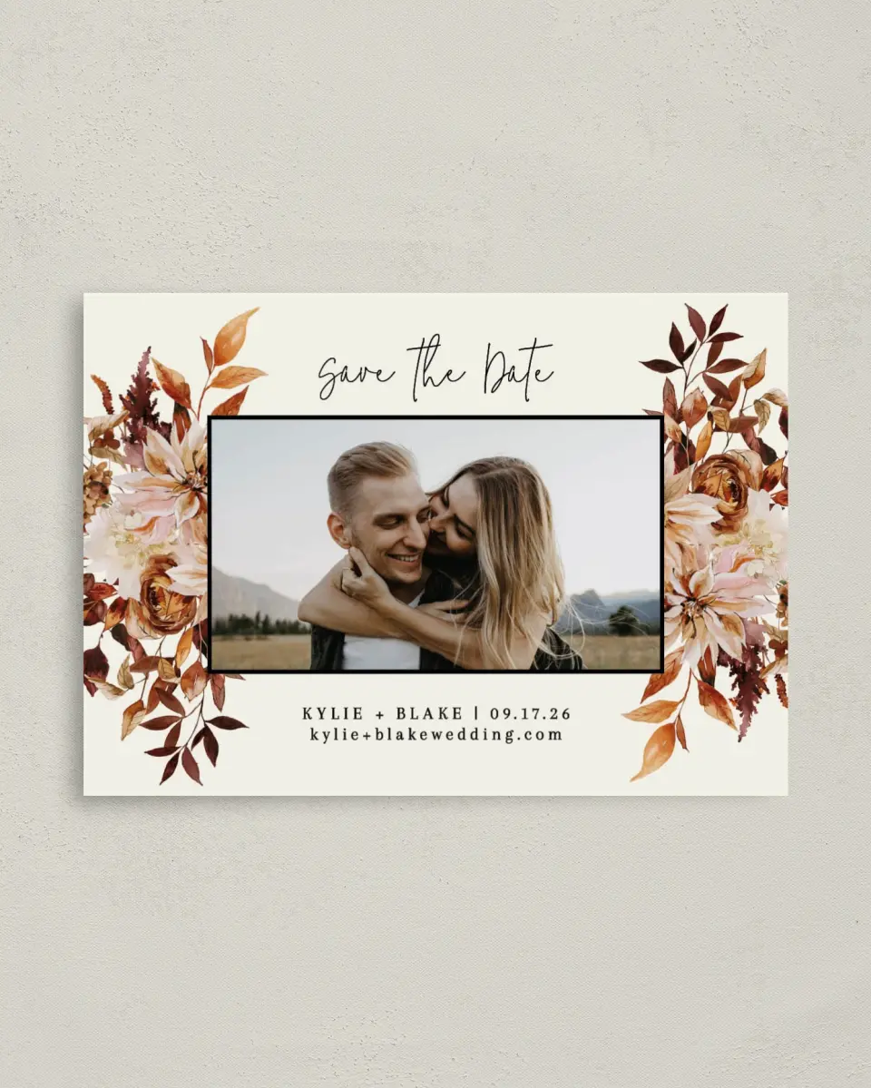 This is a 4" x 5.6" Save the Date Postcard called Country Blooms printed in full color on Soft Touch Finish paper