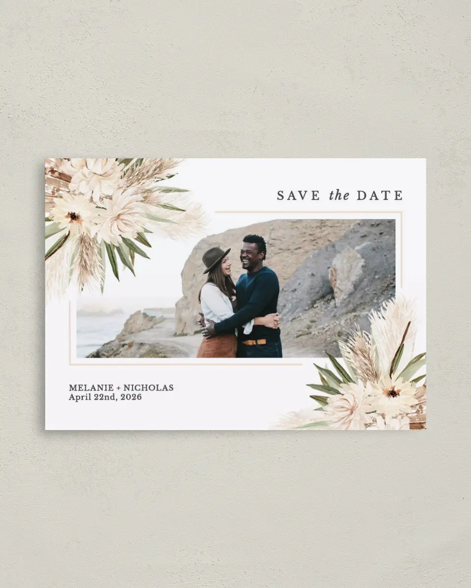 This is a 4" x 5.6" Save the Date Postcard called Natural Boho printed in full color on Soft Touch Finish paper