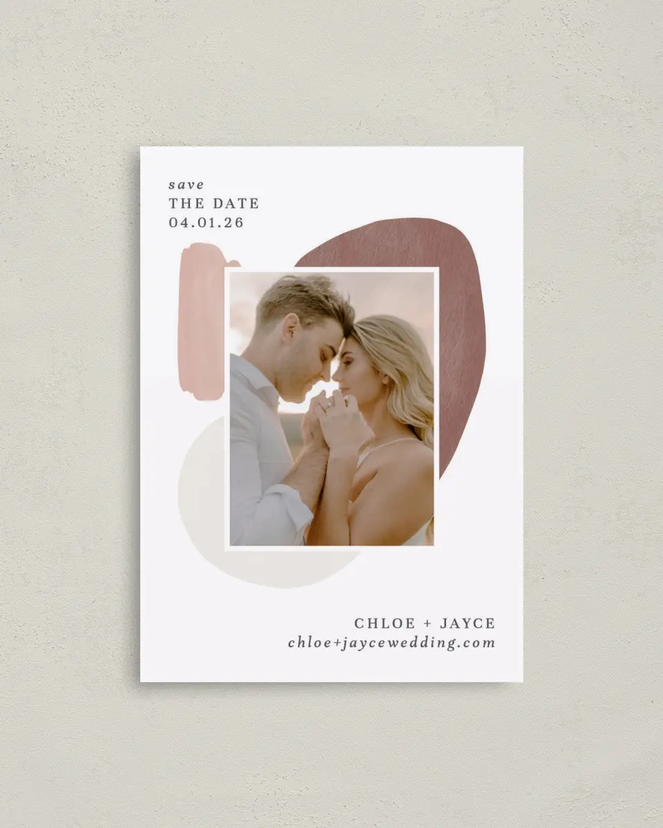 This is a 4" x 5.6" Save the Date Postcard called Mod Paint printed in full color on Soft Touch Finish paper