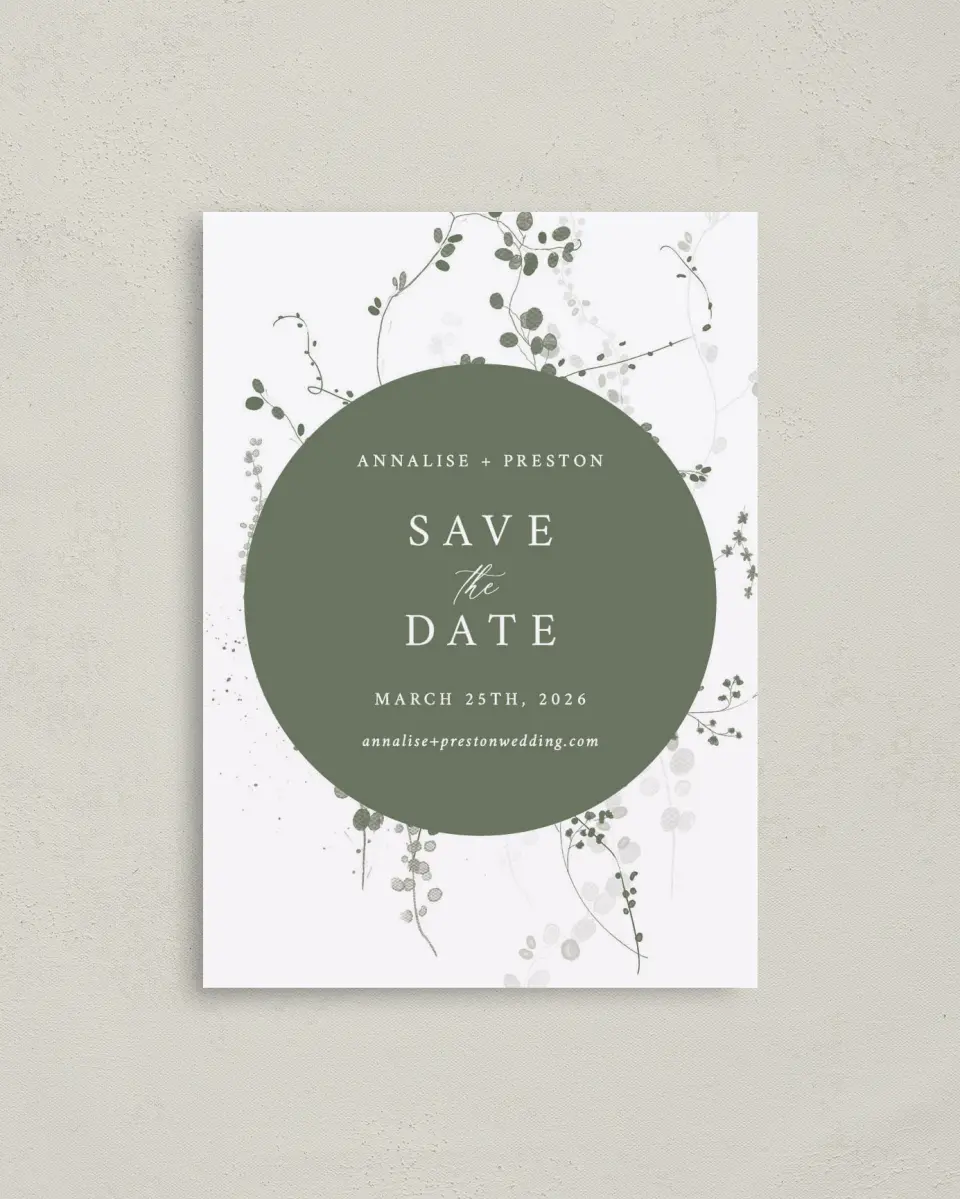This is a 4" x 5.6" Save the Date Postcard called Fresh Tendrils printed in full color on Soft Touch Finish paper