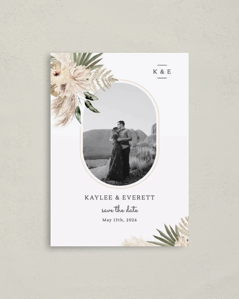 This is a 4" x 5.6" Save the Date Postcard called Serene Flora printed in full color on Soft Touch Finish paper