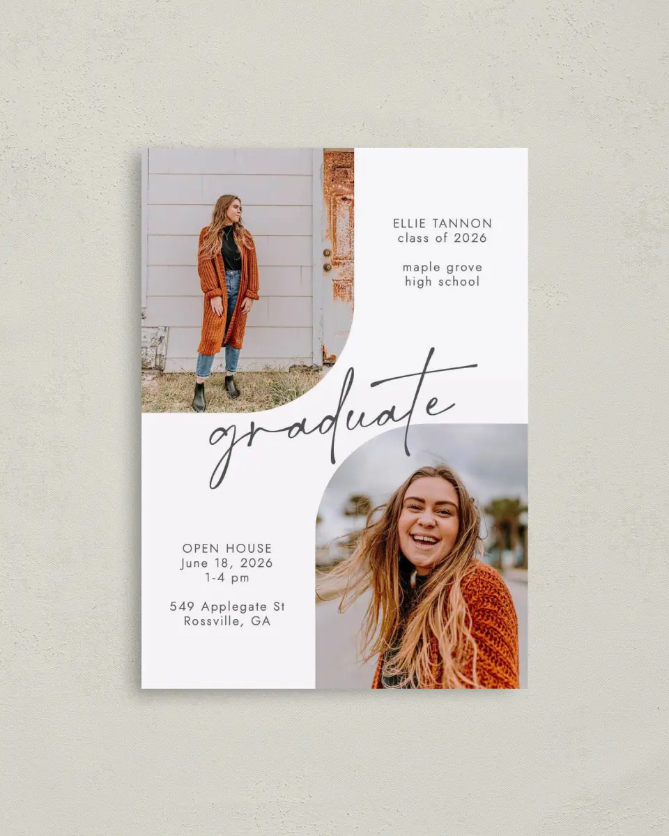 This is a 4" x 5.6" Graduation Announcement Postcard called Commencement Corners printed in full color on Soft Touch Finish paper
