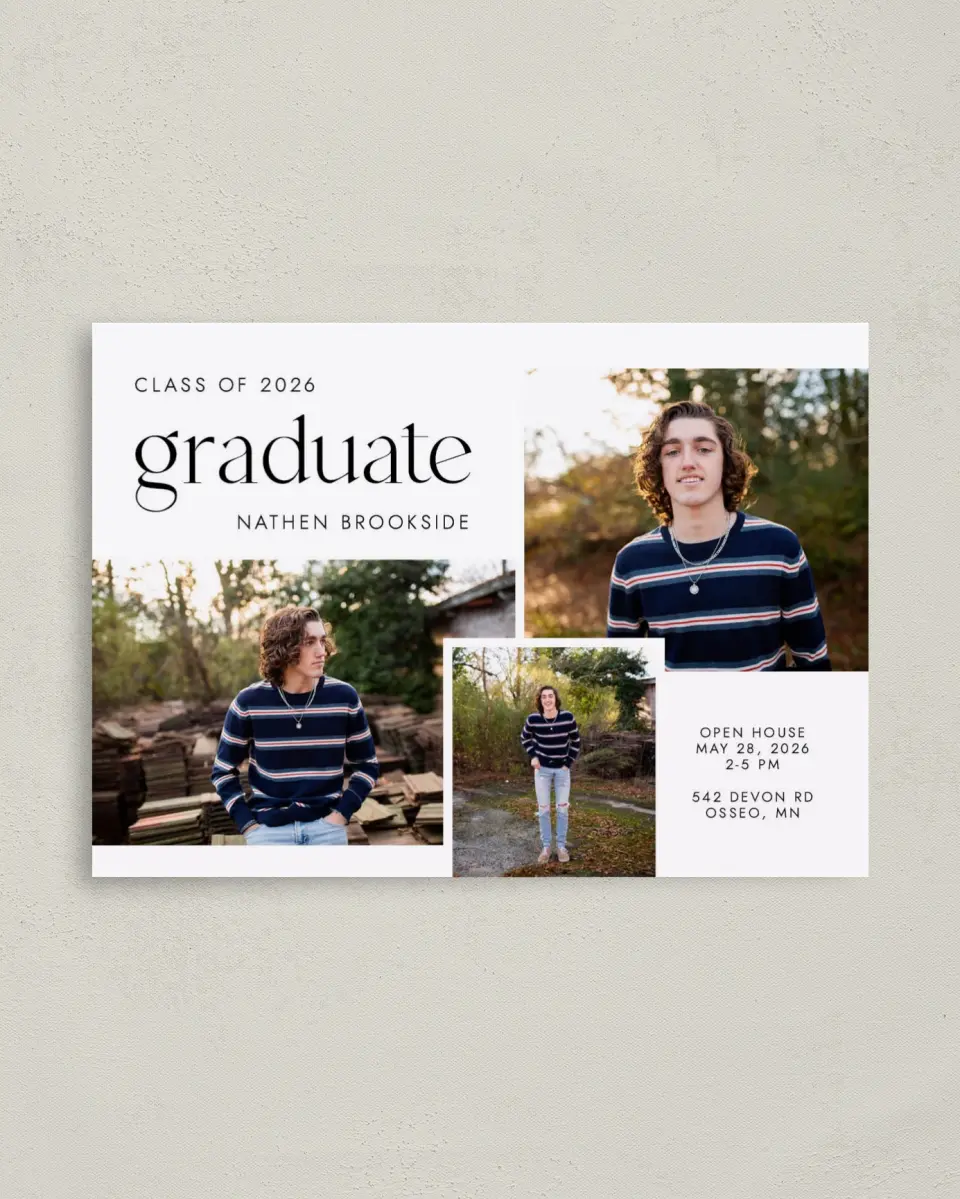 This is a 4" x 5.6" Graduation Announcement Postcard called Noble Grad printed in full color on Soft Touch Finish paper