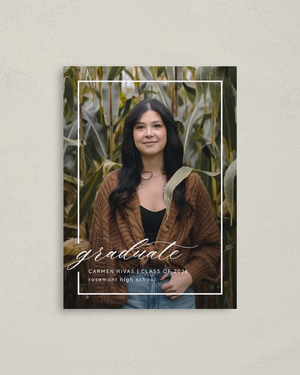 This is a 4" x 5.6" Graduation Announcement Postcard called Brilliant Border printed in full color with Gold foil on Soft Touch Finish paper
