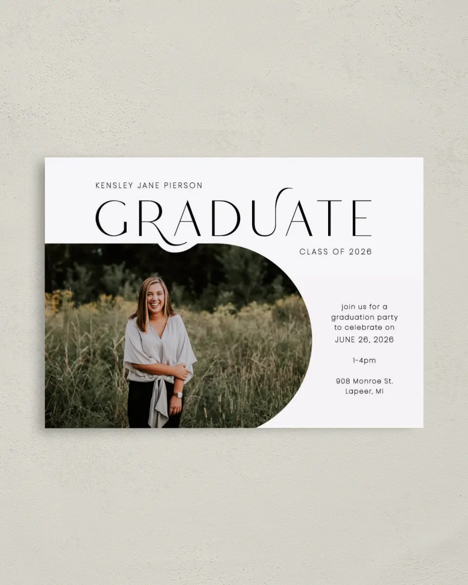 This is a 4" x 5.6" Graduation Announcement Postcard called Modern Scholar printed in full color on Soft Touch Finish paper