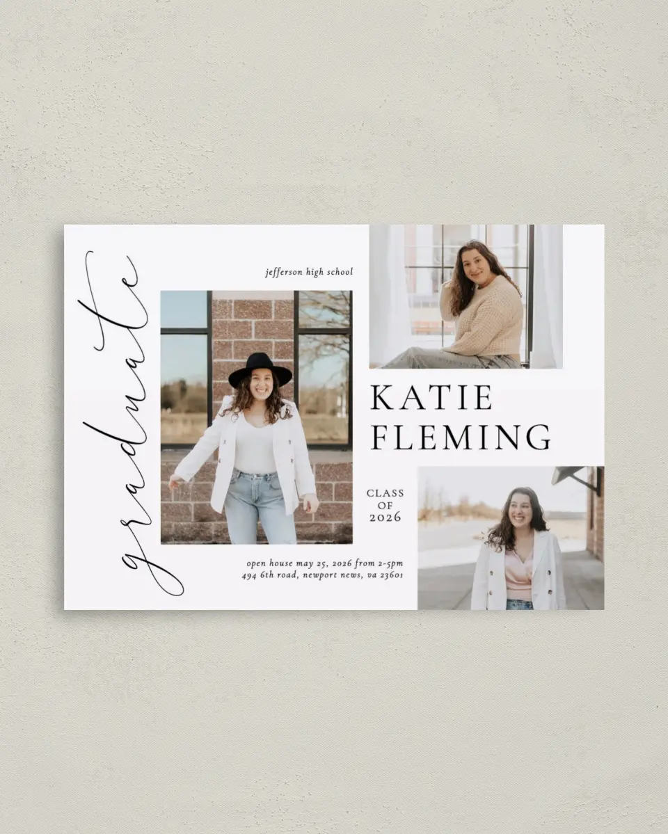 This is a 4" x 5.6" Graduation Announcement Postcard called Chic Three printed in full color on Soft Touch Finish paper