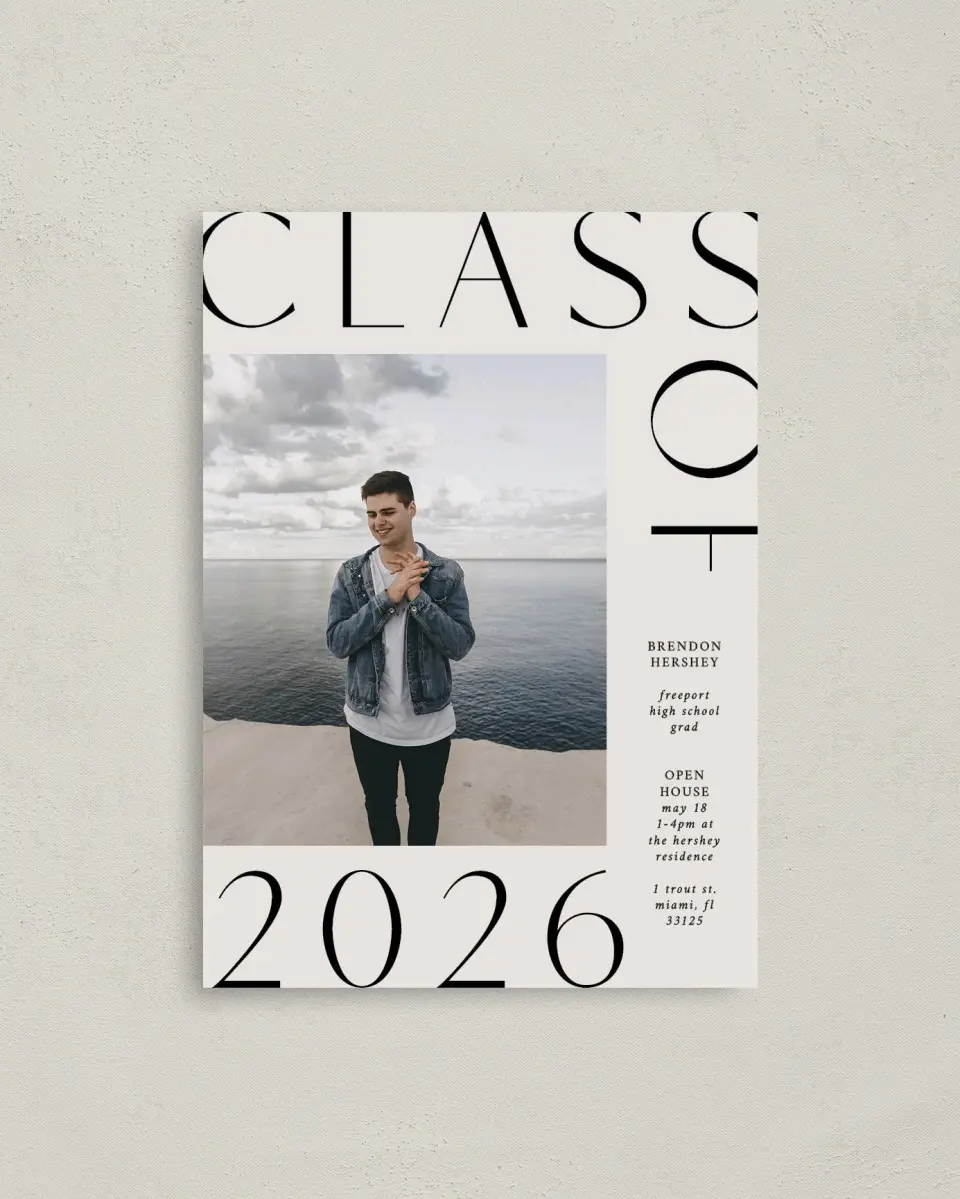 This is a 4" x 5.6" Graduation Announcement Postcard called On the Edge printed in full color on Soft Touch Finish paper