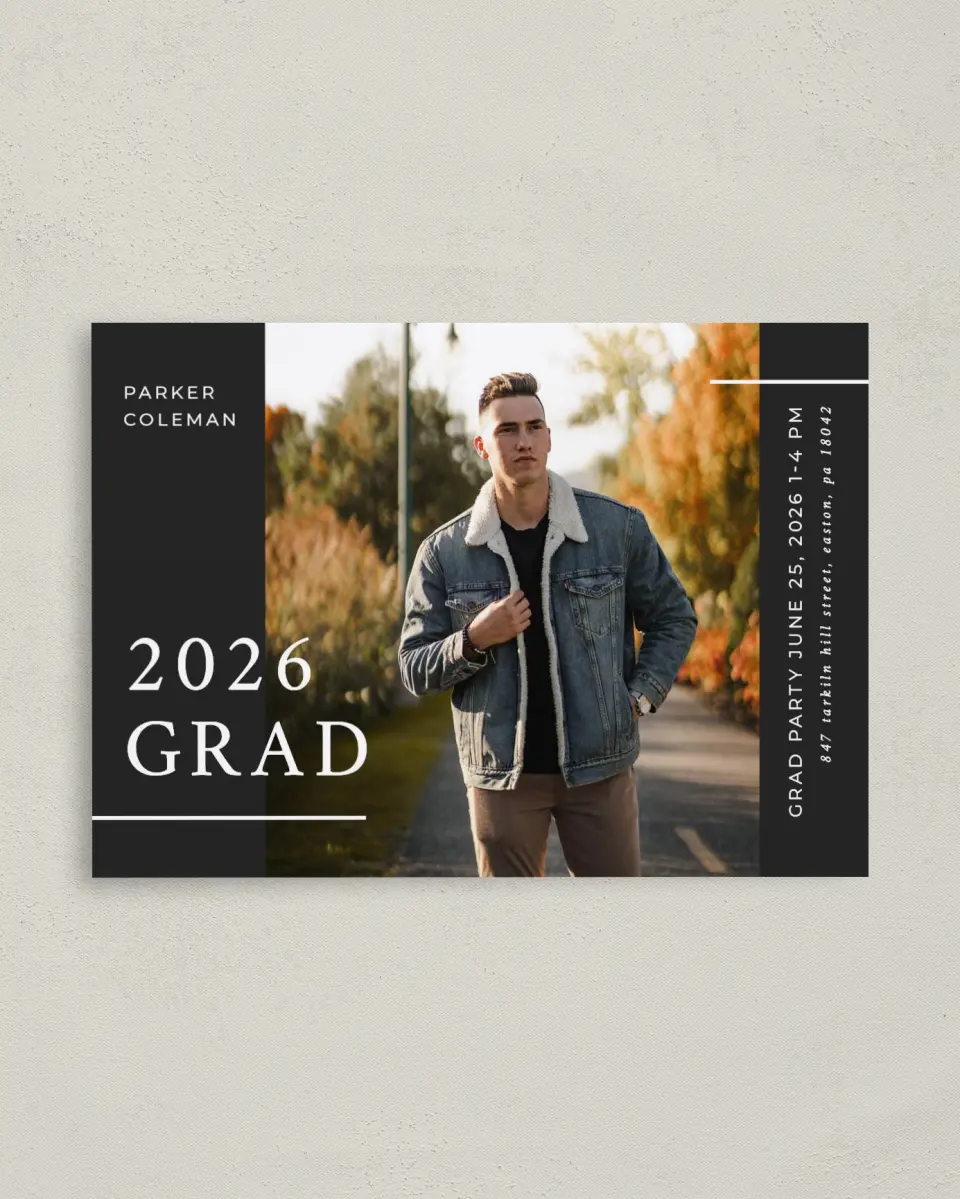 This is a 4" x 5.6" Graduation Announcement Postcard called Simply Lined printed in full color on Soft Touch Finish paper