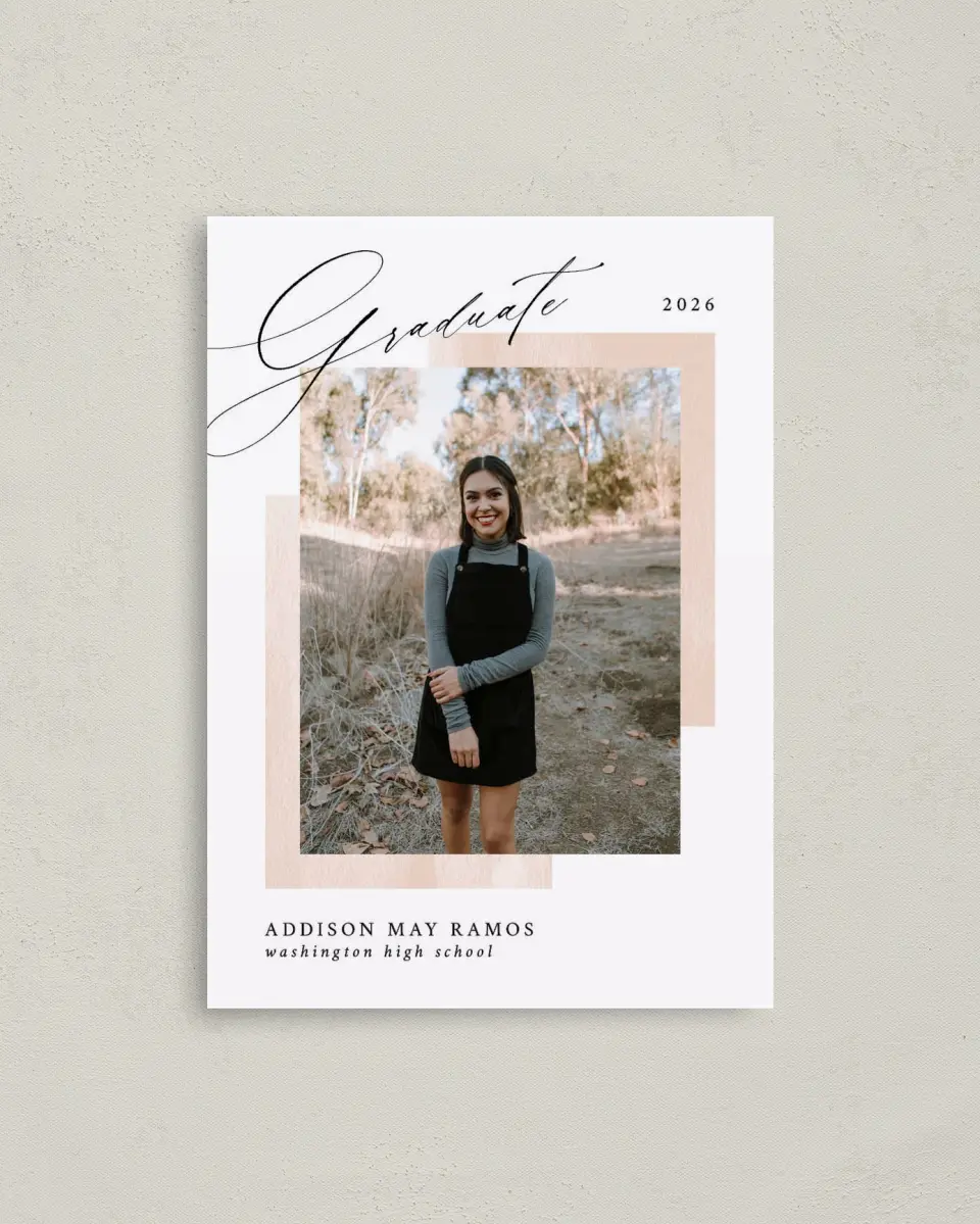 This is a 4" x 5.6" Graduation Announcement Postcard called Cute Commencement printed in full color on Soft Touch Finish paper