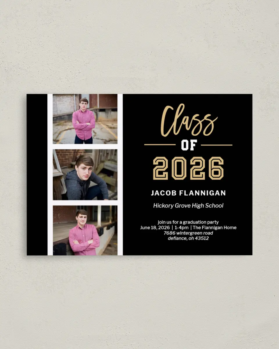 This is a 4" x 5.6" Graduation Announcement Postcard called Stacked Snapshots printed in full color on Soft Touch Finish paper