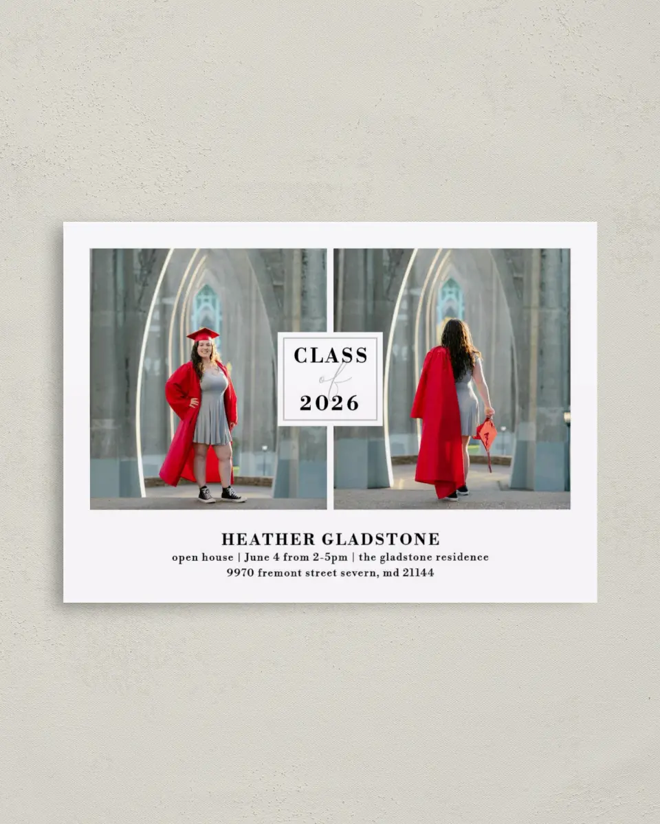 This is a 4" x 5.6" Graduation Announcement Postcard called Strong Foundation printed in full color on Soft Touch Finish paper