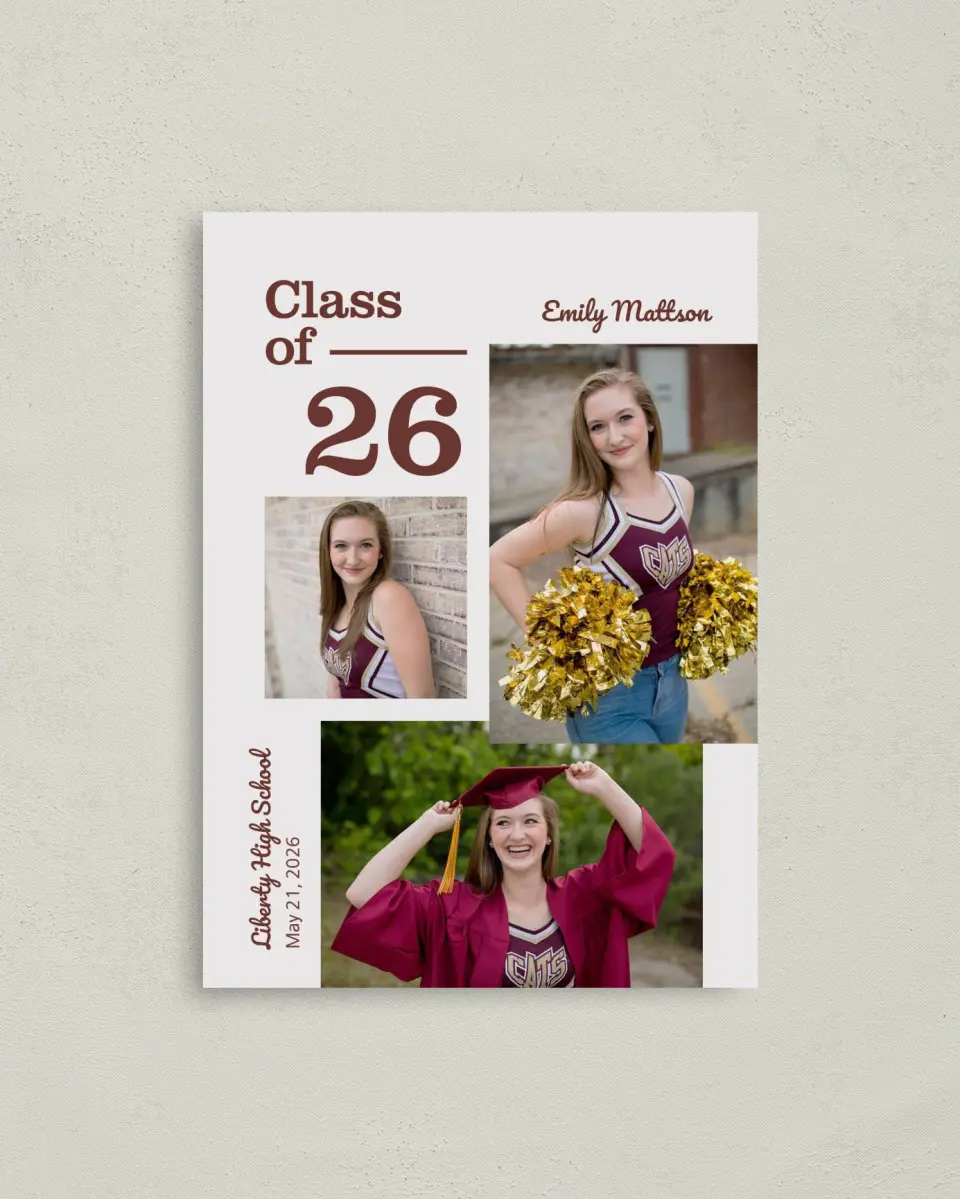 This is a 4" x 5.6" Graduation Announcement Postcard called Scholarly Spirit printed in full color on Soft Touch Finish paper