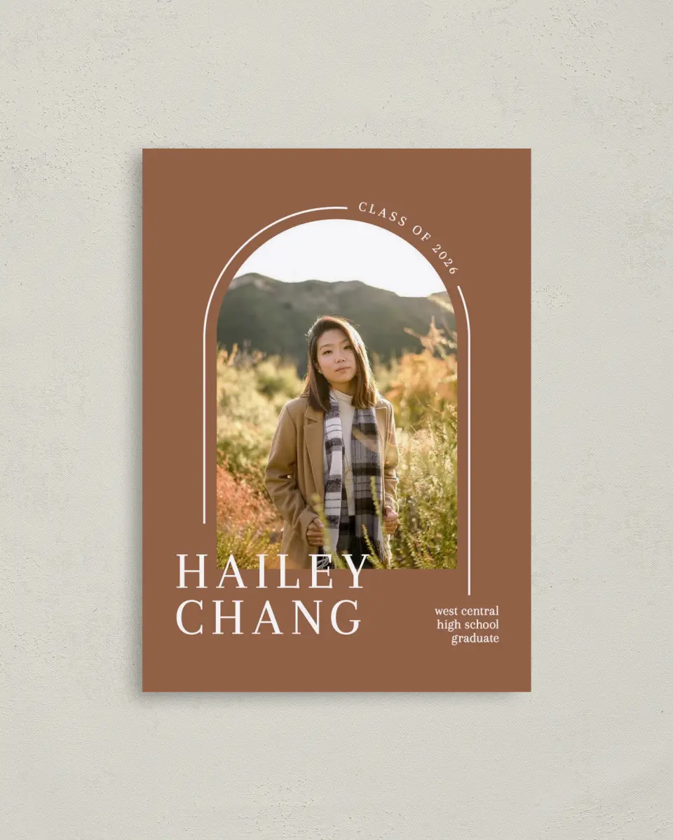 This is a 4" x 5.6" Graduation Announcement Postcard called Arched Grad printed in full color on Soft Touch Finish paper