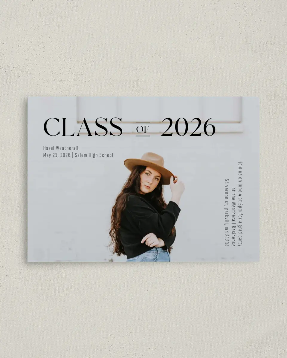 This is a 4" x 5.6" Graduation Announcement Postcard called Class Of printed in full color on Soft Touch Finish paper