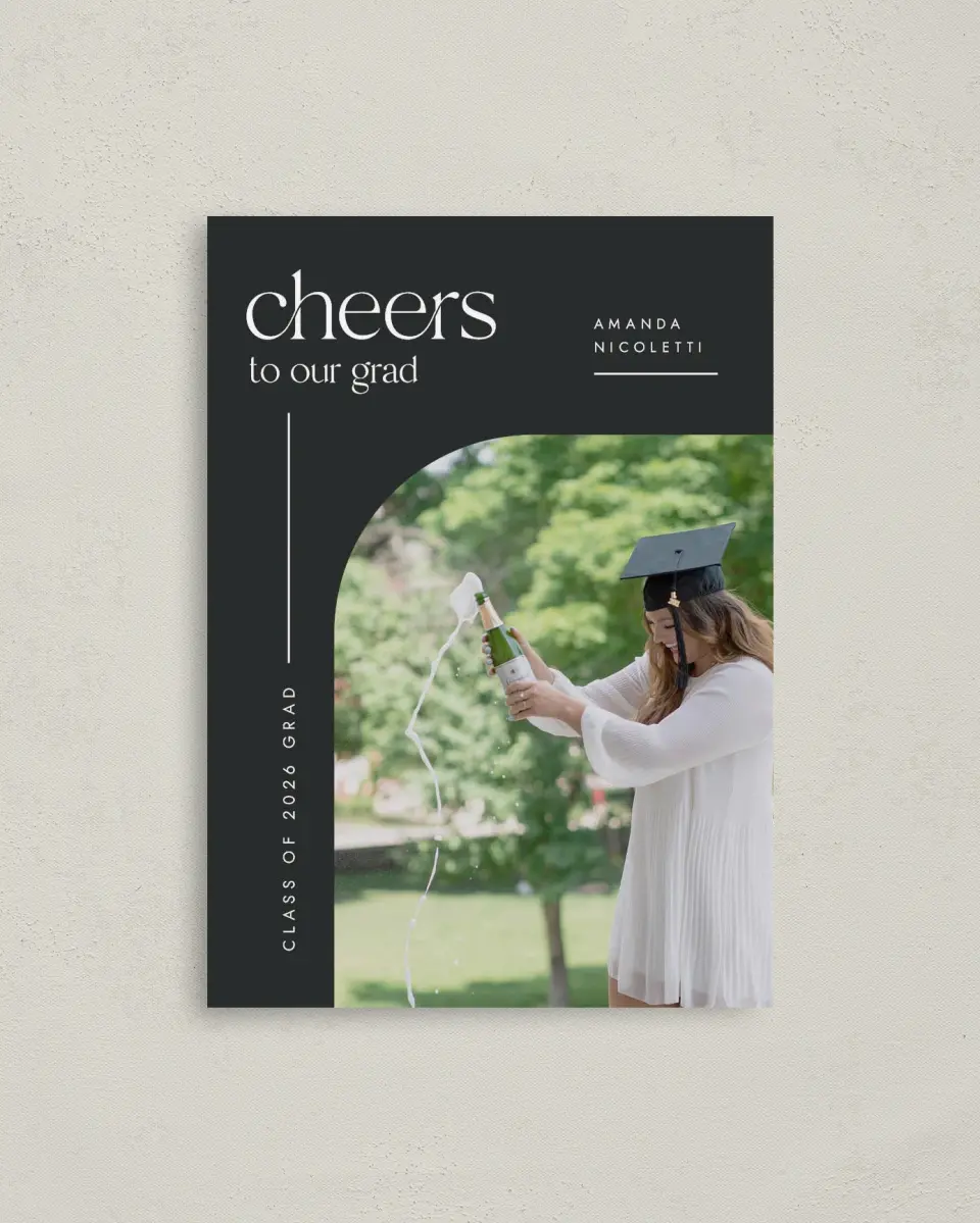 This is a 4" x 5.6" Graduation Announcement Postcard called Cheers Grad printed in full color on Soft Touch Finish paper