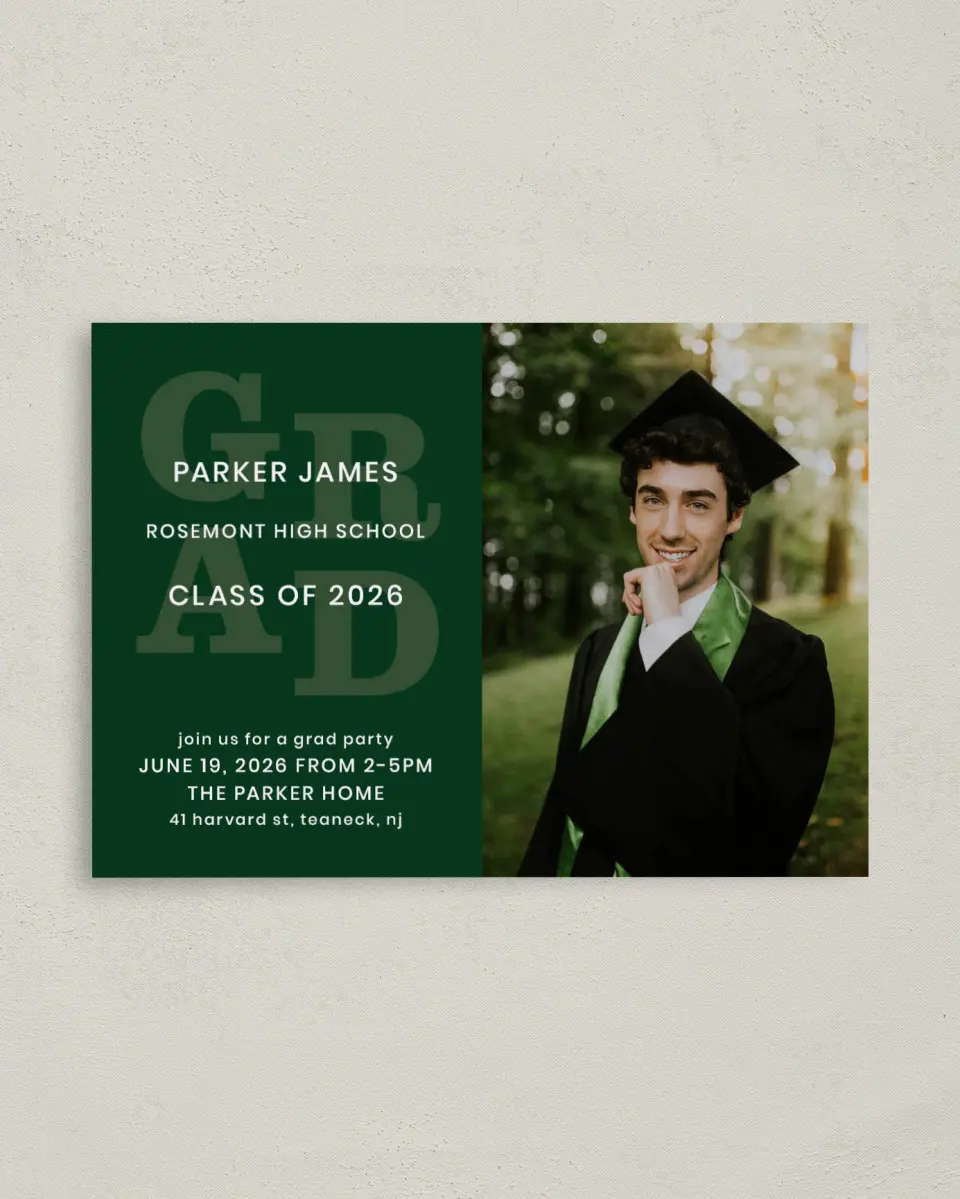 This is a 4" x 5.6" Graduation Announcement Postcard called Layered Grad printed in full color on Soft Touch Finish paper