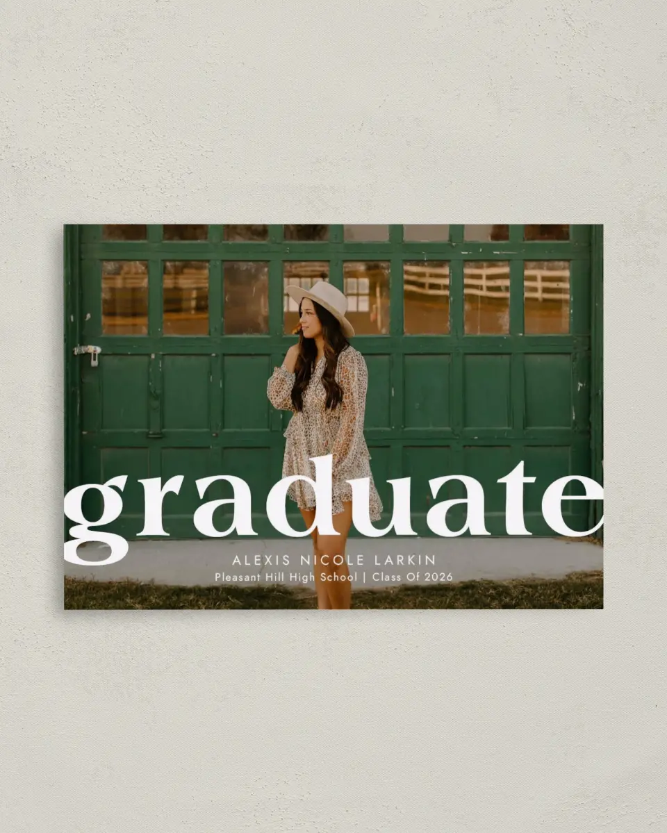 This is a 4" x 5.6" Graduation Announcement Postcard called Bold Scholar printed in full color on Soft Touch Finish paper