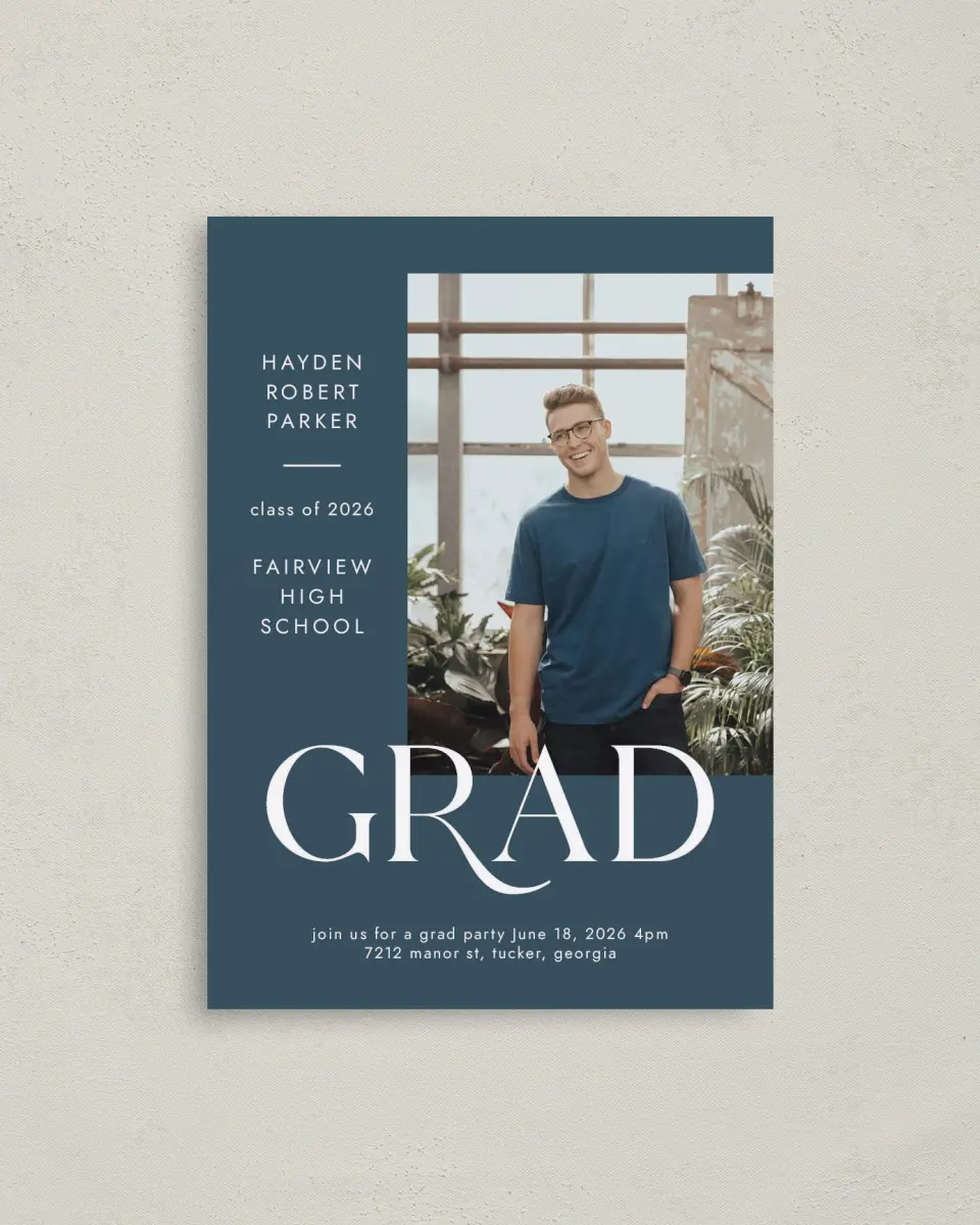 This is a 4" x 5.6" Graduation Announcement Postcard called Onward Grad printed in full color on Soft Touch Finish paper
