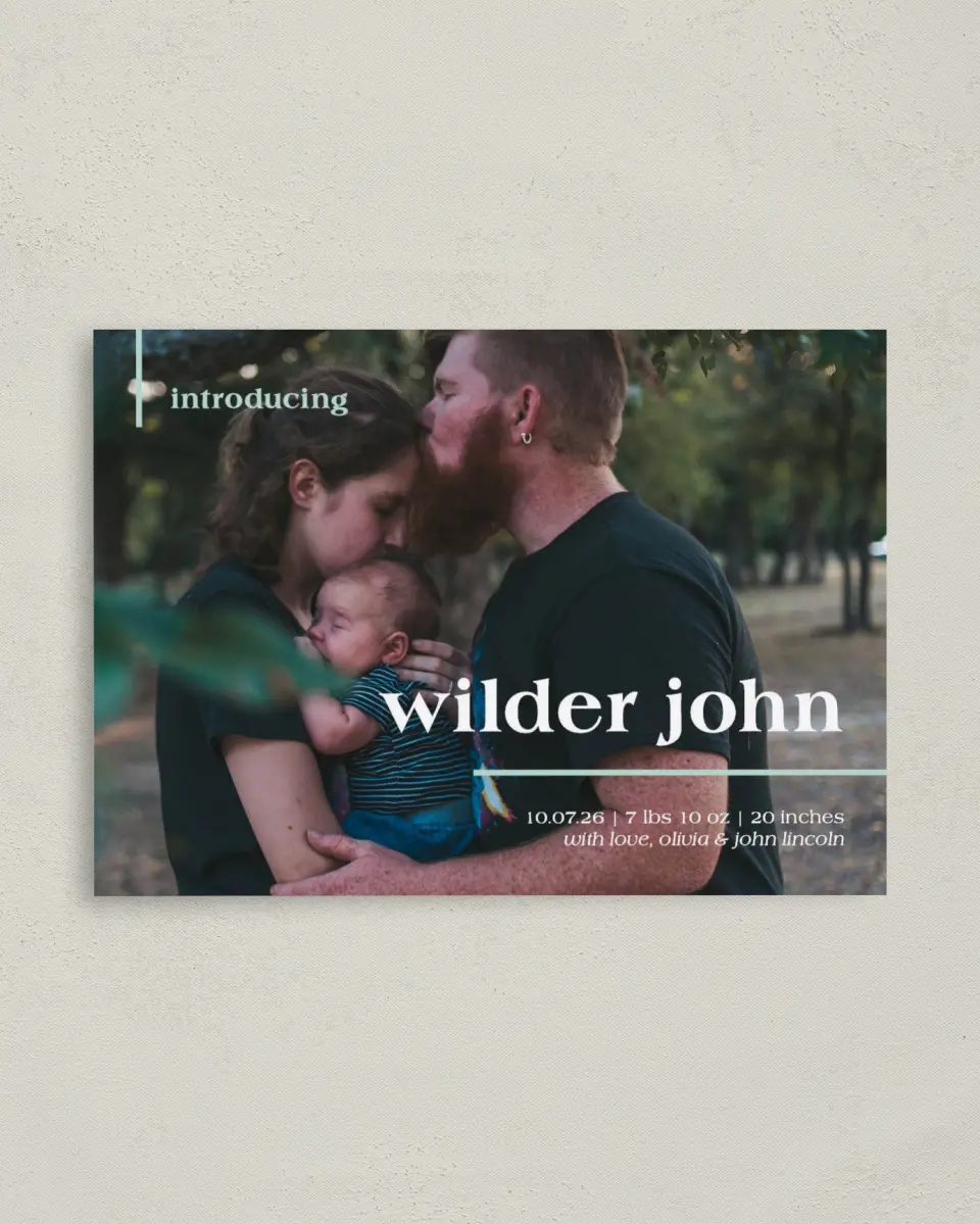 This is a 4" x 5.6" Birth Announcement Postcard called Introducing Babe printed in full color on Soft Touch Finish paper