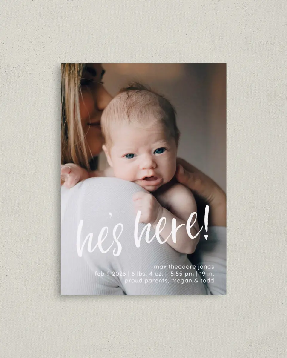 This is a 4" x 5.6" Birth Announcement Postcard called He's Present printed in full color with Silver foil on Soft Touch Finish paper