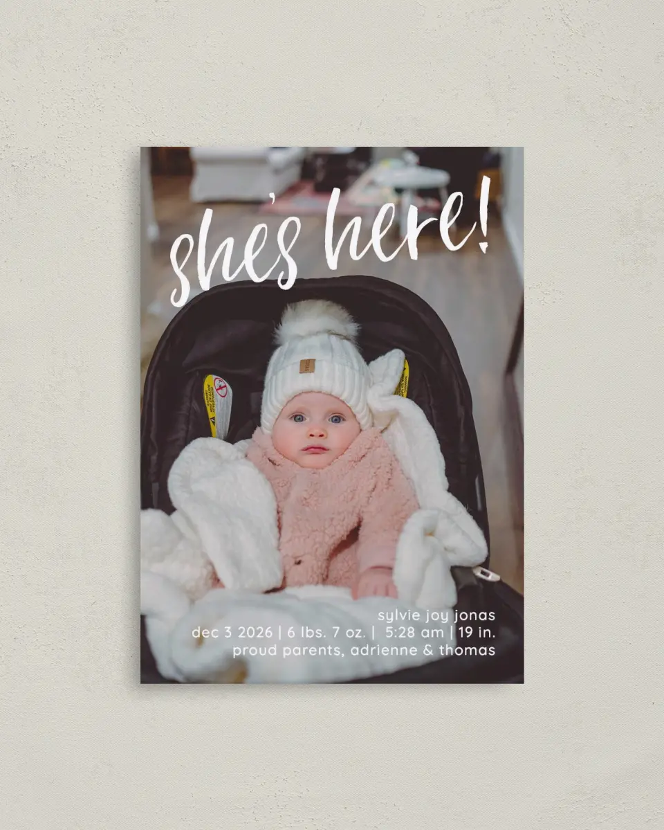 This is a 4" x 5.6" Birth Announcement Postcard called She's Present printed in full color on Soft Touch Finish paper