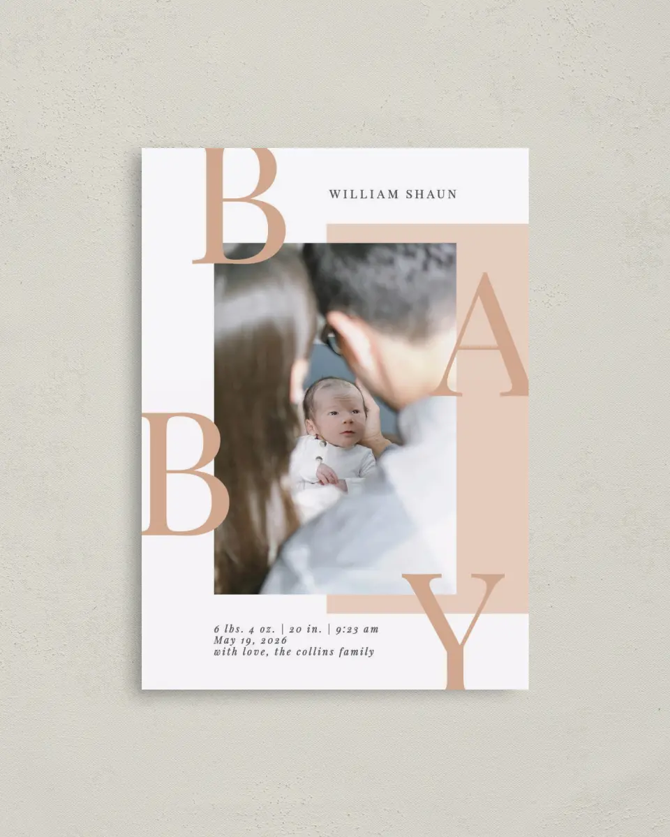 This is a 4" x 5.6" Birth Announcement Postcard called Baby Case printed in full color on Soft Touch Finish paper