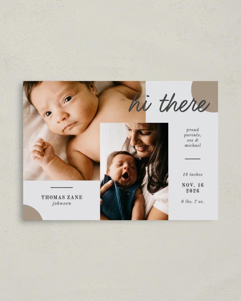 This is a 4" x 5.6" Birth Announcement Postcard called Modern Spots printed in full color on Soft Touch Finish paper