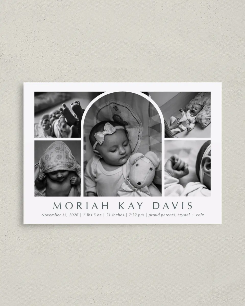 This is a 4" x 5.6" Birth Announcement Postcard called Photo Arch printed in full color on Soft Touch Finish paper