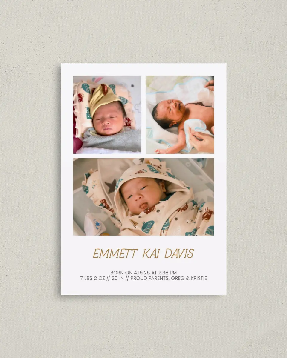 This is a 4" x 5.6" Birth Announcement Postcard called Natal Name printed in full color on Soft Touch Finish paper