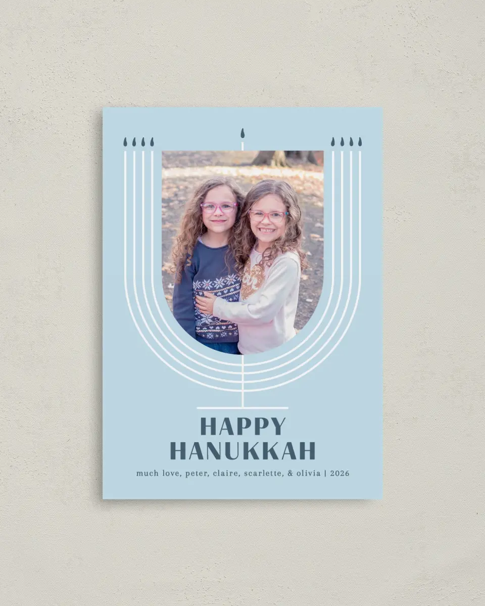 This is a 4" x 5.6" Hanukkah Card called Mod Menorah printed in full color on Premium Smooth paper