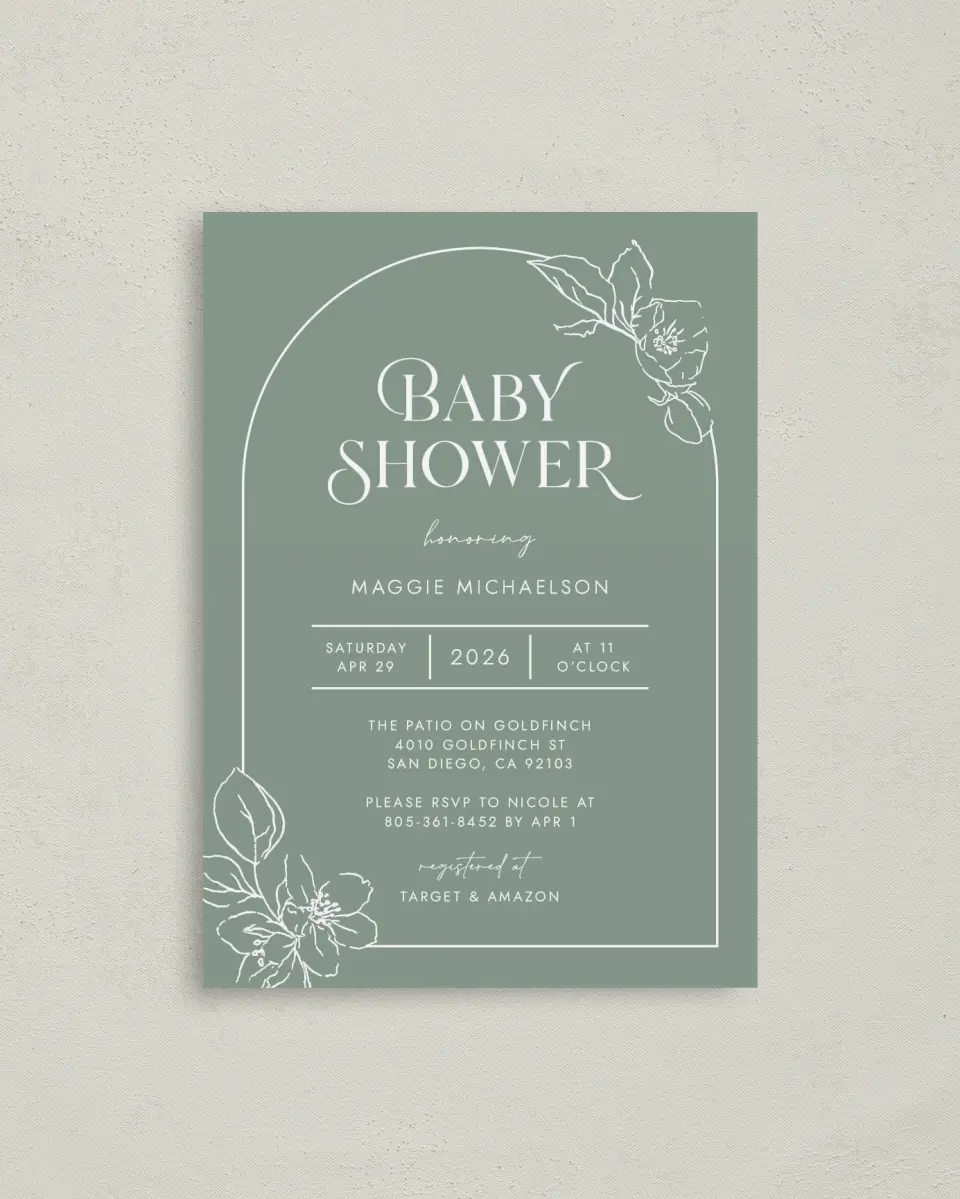 This is a 4" x 5.6" Baby Shower Invitation Postcard called Joyous Blooms printed in full color on Soft Touch Finish paper