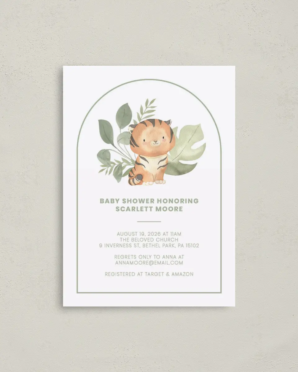 This is a 4" x 5.6" Baby Shower Invitation Postcard called Baby Tiger printed in full color on Soft Touch Finish paper