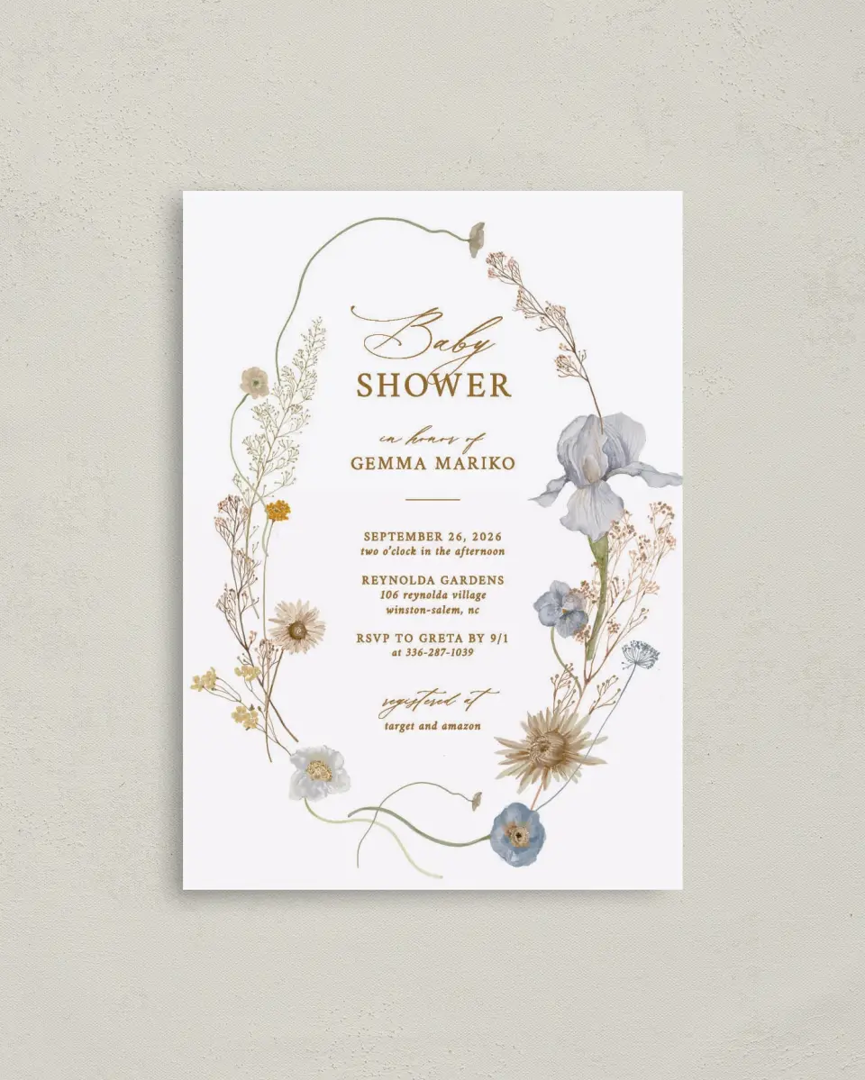 This is a 4" x 5.6" Baby Shower Invitation Postcard called Wildflower Baby printed in full color on Soft Touch Finish paper