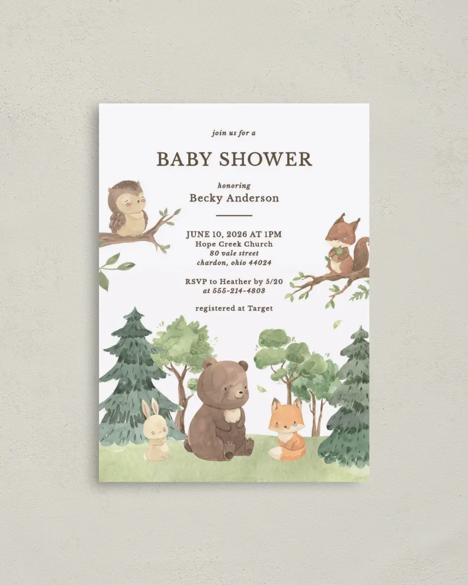This is a 4" x 5.6" Baby Shower Invitation Postcard called Woodland Scene printed in full color on Soft Touch Finish paper