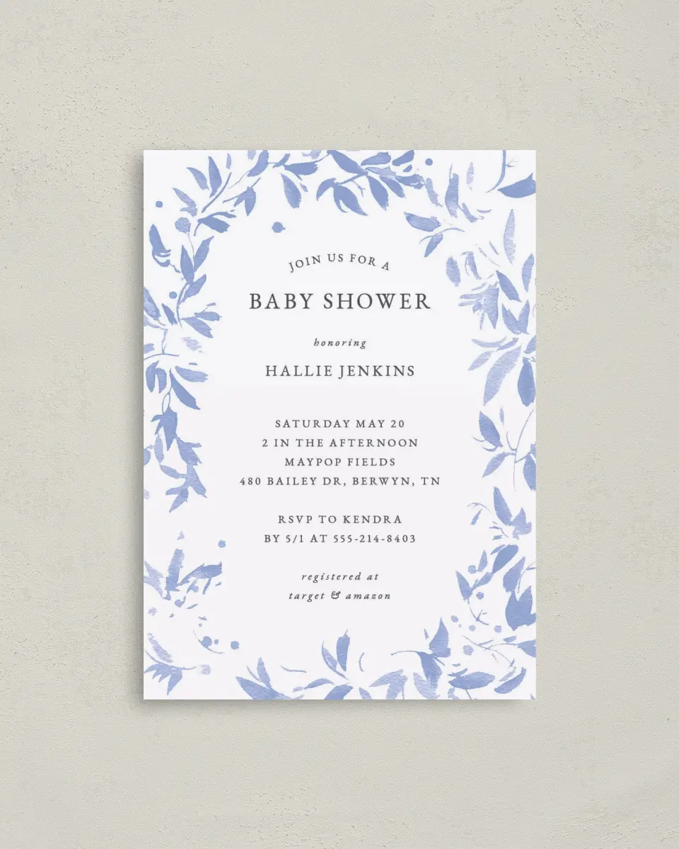 This is a 4" x 5.6" Baby Shower Invitation Postcard called Spring Surround printed in full color on Soft Touch Finish paper