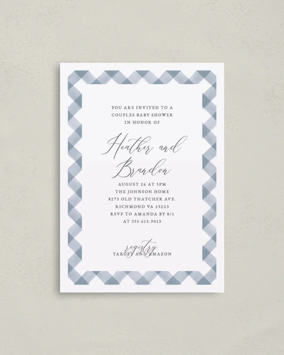 This is a 4" x 5.6" Baby Shower Invitation Postcard called Checked Frame printed in full color on Soft Touch Finish paper