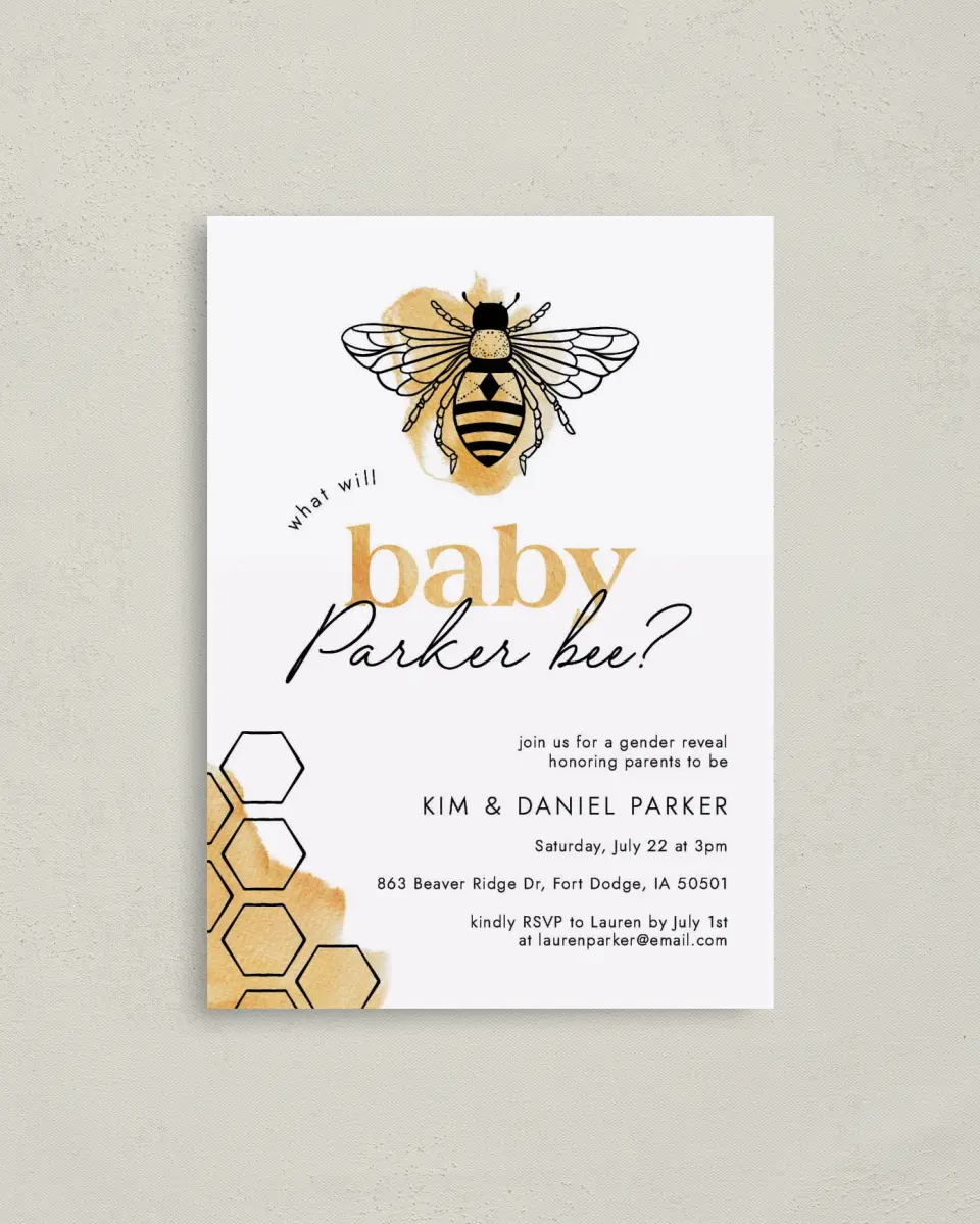 This is a 4" x 5.6" Baby Shower Invitation Postcard called Baby Bee printed in full color on Soft Touch Finish paper