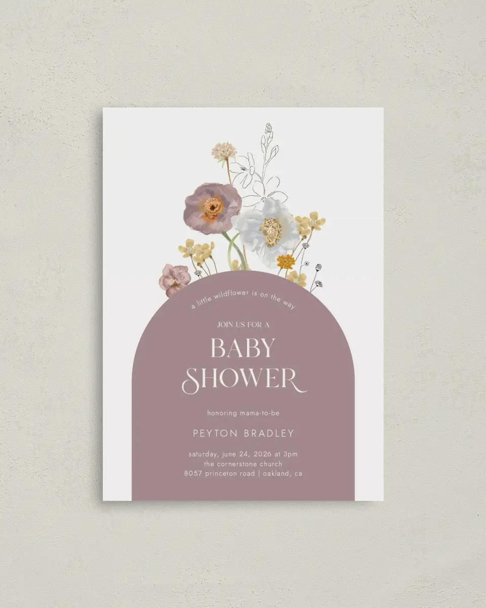 This is a 4" x 5.6" Baby Shower Invitation Postcard called Little Wildflower printed in full color on Soft Touch Finish paper