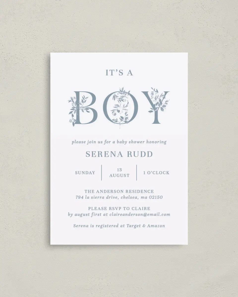 This is a 4" x 5.6" Baby Shower Invitation Postcard called Floral Boy printed in full color on Soft Touch Finish paper