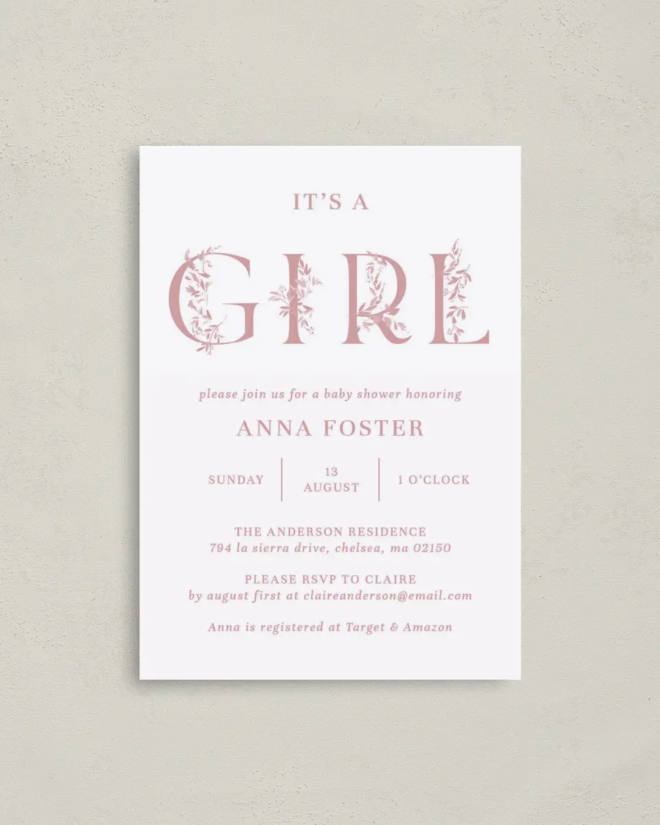 This is a 4" x 5.6" Baby Shower Invitation Postcard called Floral Girl printed in full color on Soft Touch Finish paper