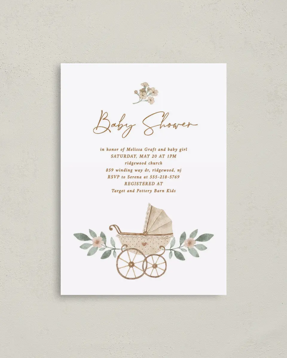 This is a 4" x 5.6" Baby Shower Invitation Postcard called Petite Carriage printed in full color on Soft Touch Finish paper