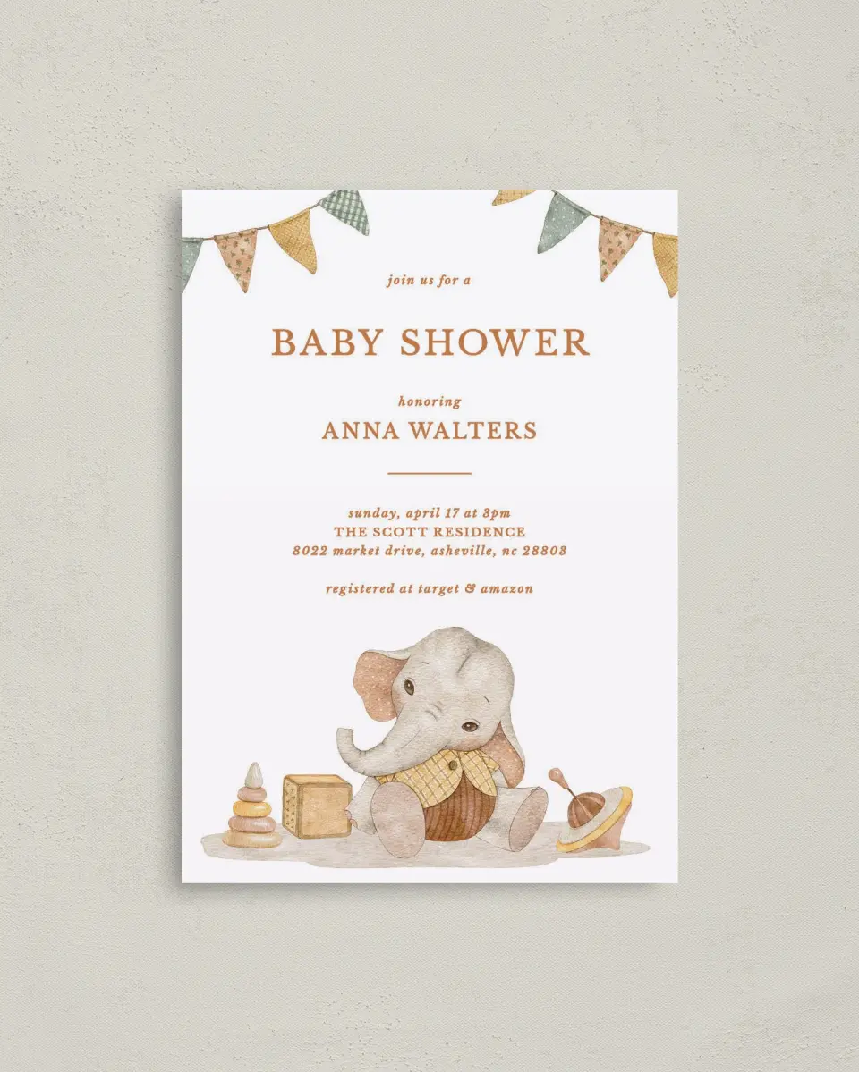 This is a 4" x 5.6" Baby Shower Invitation Postcard called Elephant Banner printed in full color on Soft Touch Finish paper