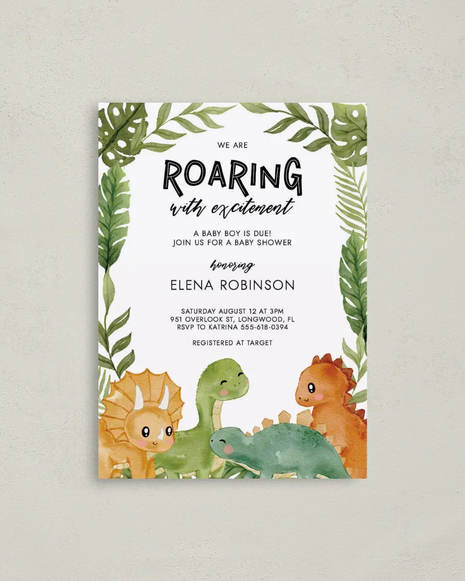 This is a 4" x 5.6" Baby Shower Invitation Postcard called Roaring Baby printed in full color on Soft Touch Finish paper