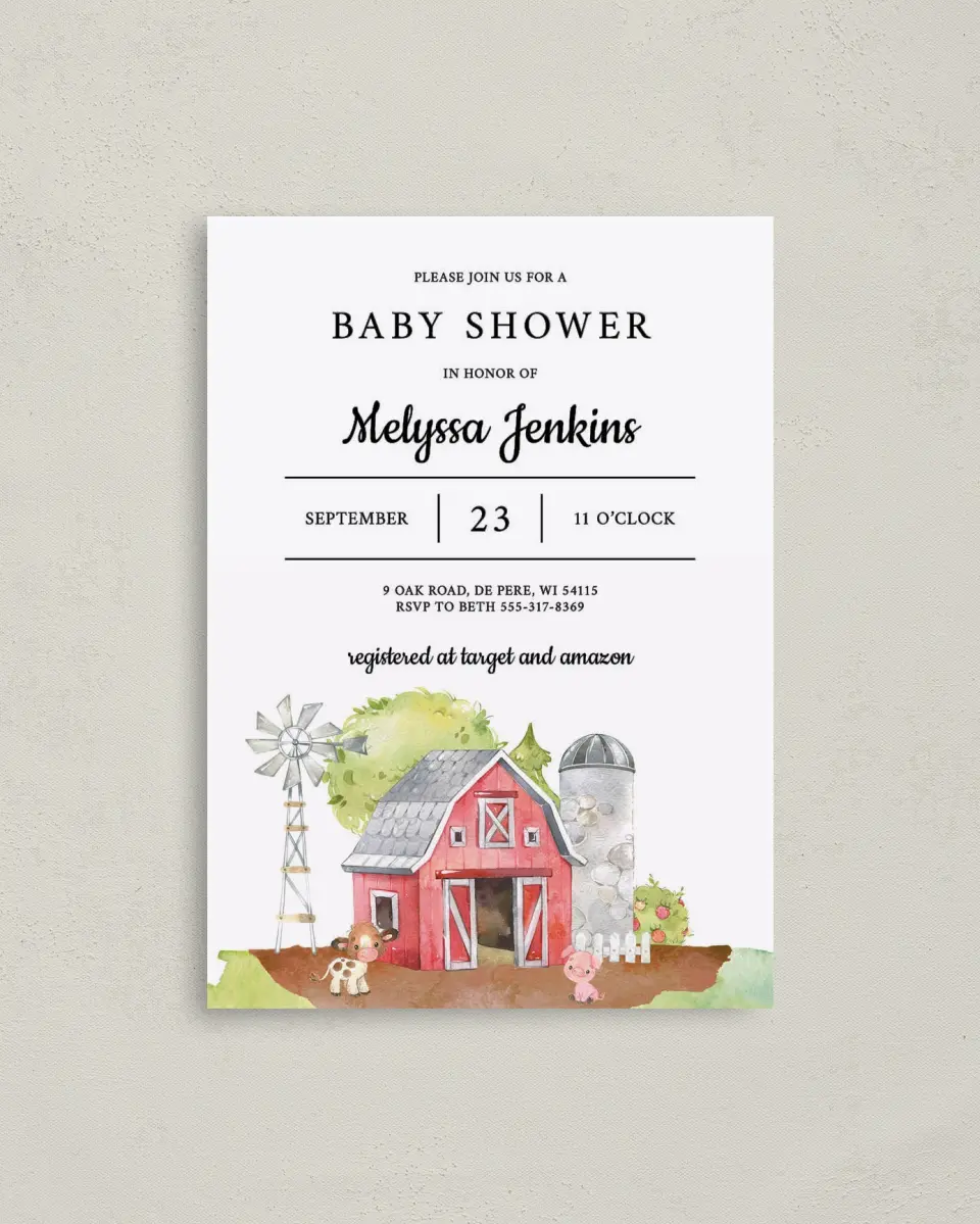 This is a 4" x 5.6" Baby Shower Invitation Postcard called On the Farm printed in full color on Soft Touch Finish paper