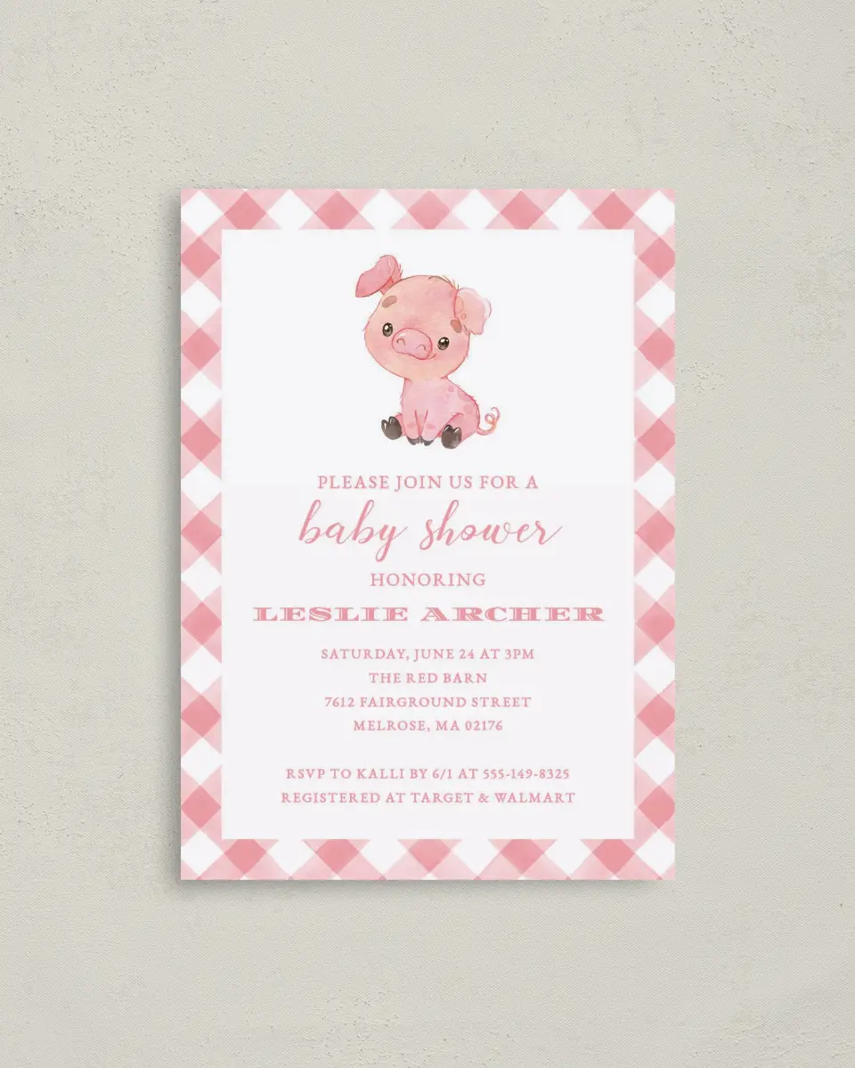 This is a 4" x 5.6" Baby Shower Invitation Postcard called Plaid Piggy printed in full color on Soft Touch Finish paper