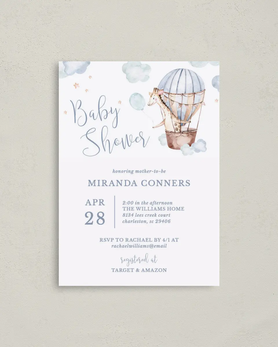 This is a 4" x 5.6" Baby Shower Invitation Postcard called Baby Balloon Ride printed in full color on Soft Touch Finish paper