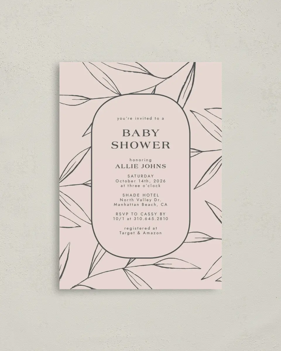 This is a 4" x 5.6" Baby Shower Invitation Postcard called Botanical Babe printed in full color on Soft Touch Finish paper