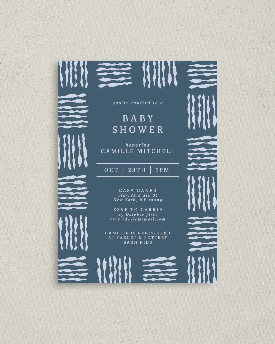 This is a 4" x 5.6" Baby Shower Invitation Postcard called Shower Threads printed in full color on Soft Touch Finish paper